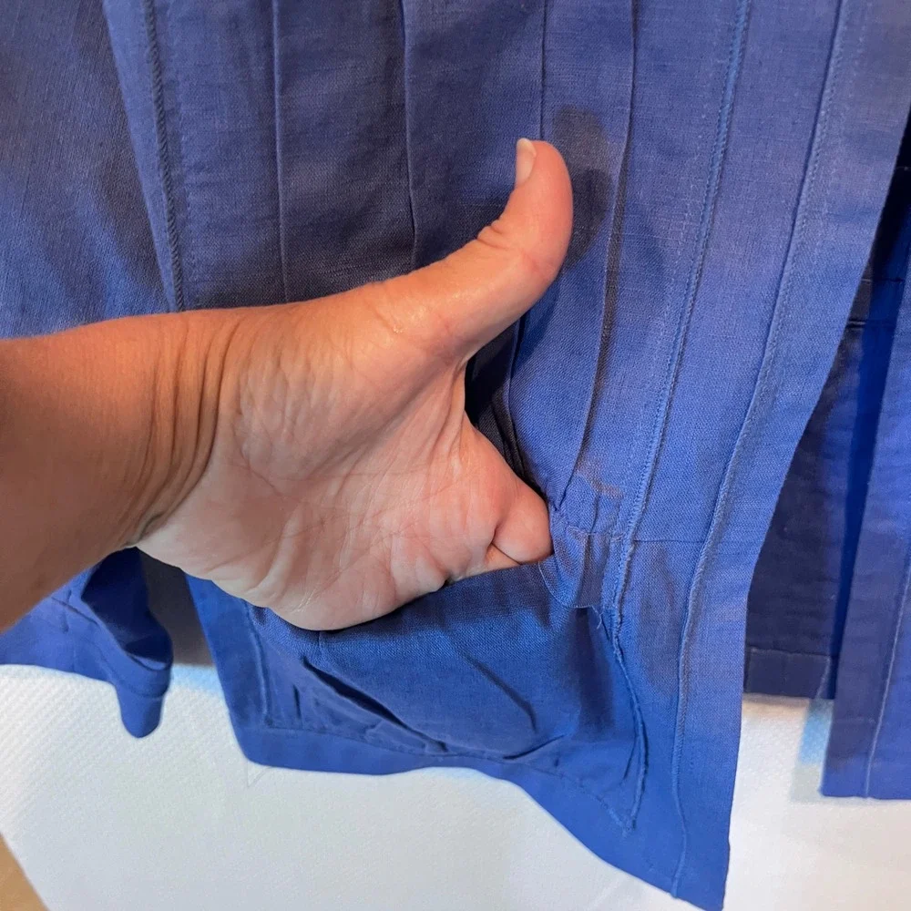 Chicos Periwinkle Blue Linen Blend Open Front Pleated Jacket Size 1 Medium